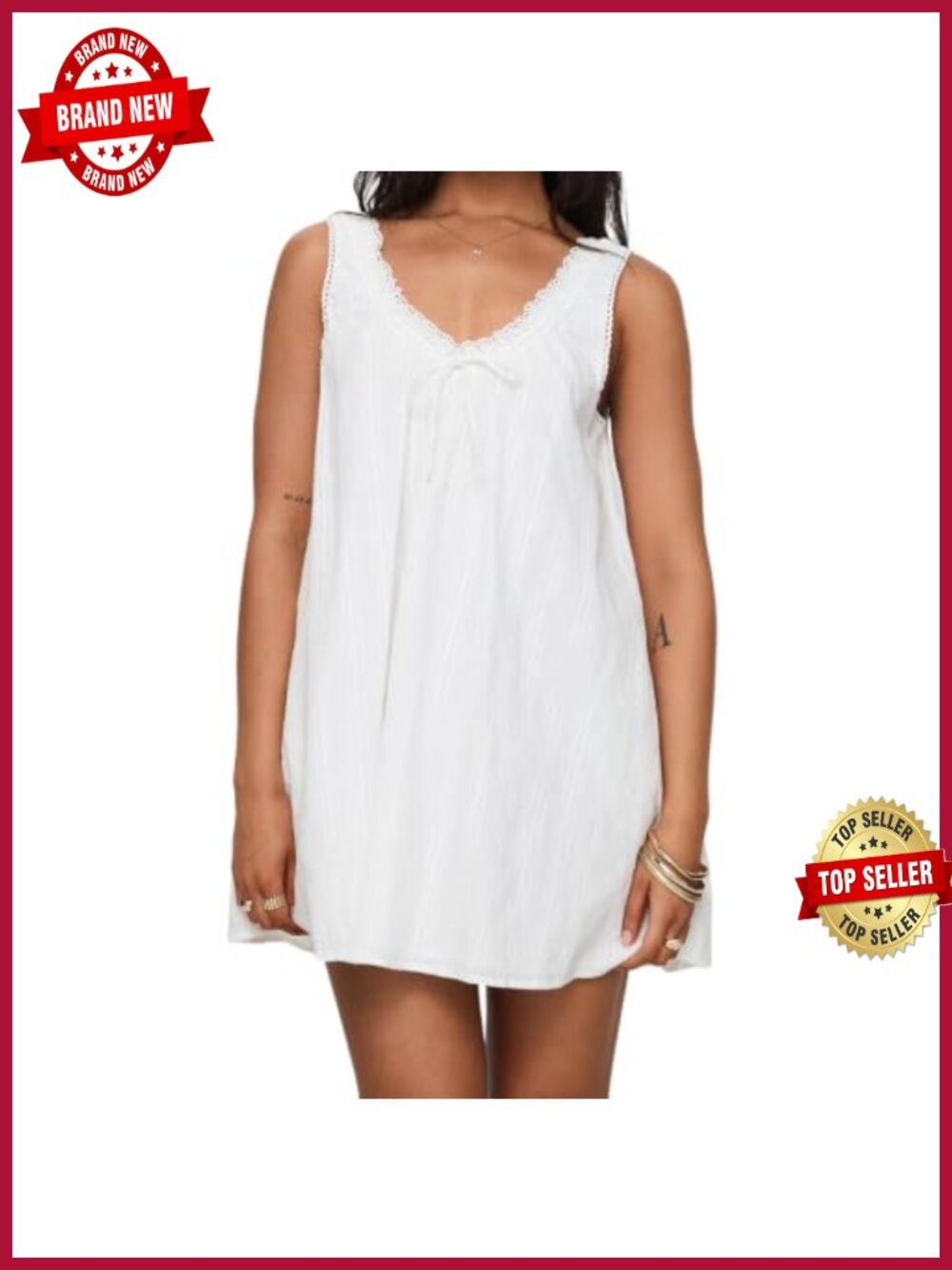 Lace Trim Babydoll Mini Dress V-Neck Sleeveless Flowy A-Line